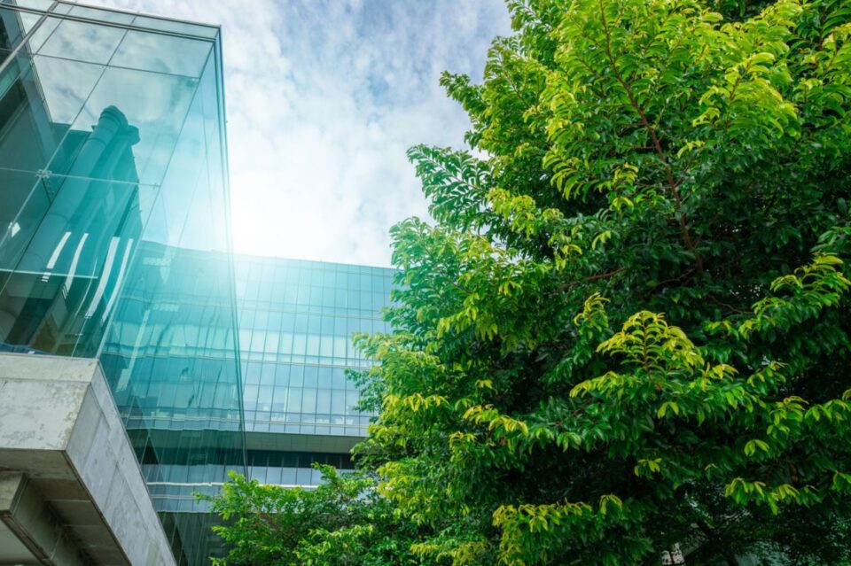 Sustainable glass office building with trees for reducing carbon dioxide.